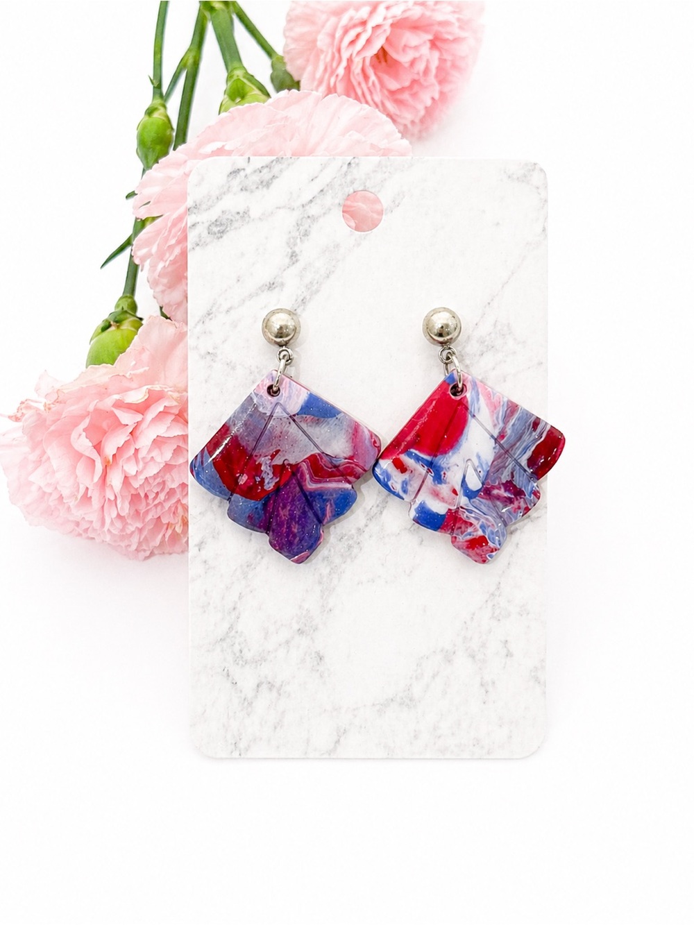 Handmade Marbled Red, Blue & White Fan Drop Earrings